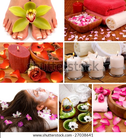 Spa collage with aromatherapy, skincare, pedicure, and herbal  relaxing tea
