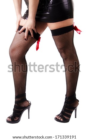 Sexy woman in high heels isolated on white background, front view.
