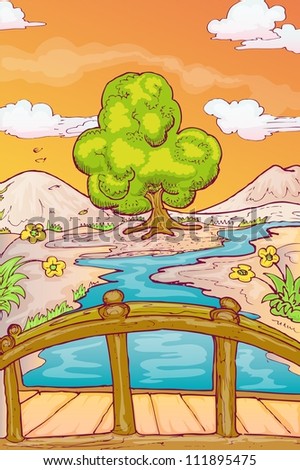 Autumn landscape with single tree and bridge over the river in hand draw style