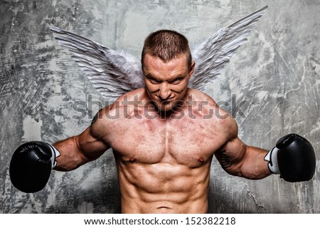 Young boxer with angel wings behind his back posing