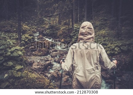 Hiker with hiking poles looking at small mouton river in a forest