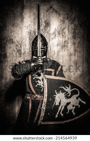 Medieval knight  holding sword in front of his face