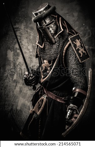 Medieval knight with a sword against stone wall