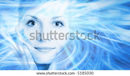 Beautiful cyber girl\'s face on abstract background