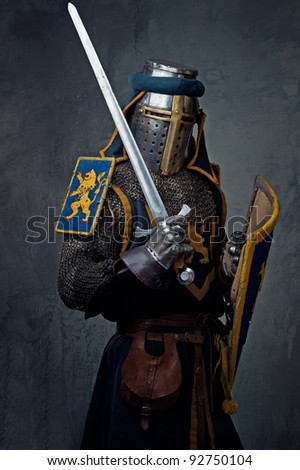 Medieval Knight On Grey Background. Stock Photo 92750104 : Shutterstock