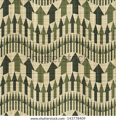 Abstract geometric wavy arrows ornament printed on textured linen canvas fabric background. Seamless pattern.
