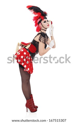 Pretty sexy pin-up girl in fancy costume of horse over white background