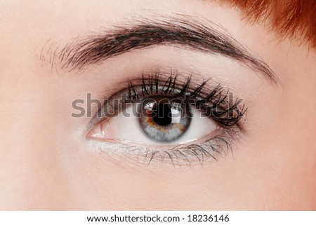 Macro shot of green-blue woman\'s eye, selective focus