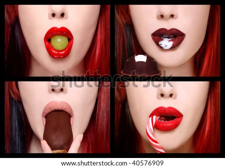 Collage with four close-up shots of beautiful woman lips with grape, candy, cake and ice-cream