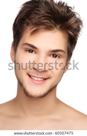 Portrait of young handsome healthy smiling man, on white background