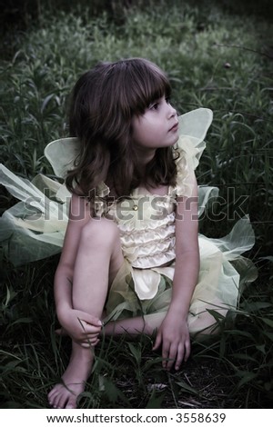 A beautiful young girl sitting in the grass in a fairy costume,slight color desaturation for mystical look,soft focus and vignetting
