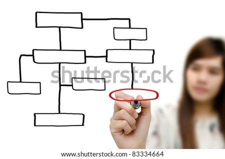 Young woman business hand drawing plan in a whiteboard.