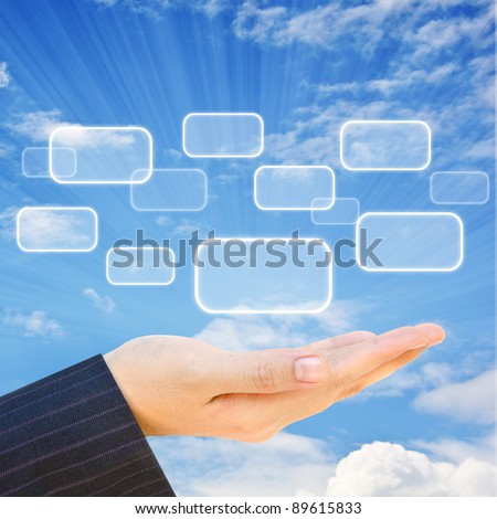 Choice button on hand and sky background