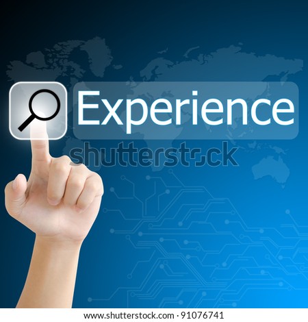 hand pushing a search button to find experience word on a touch screen interface