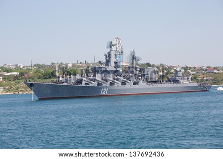 SEVASTOPOL, UKRAINE - MAY 7 . Military ship in Sevastopol harbor preparing to parade in honor of victory in world war on may 7, 2013 in Sevastopol, Ukraine
