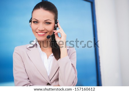 Headset woman customer service worker, call center, smiling operator with headset