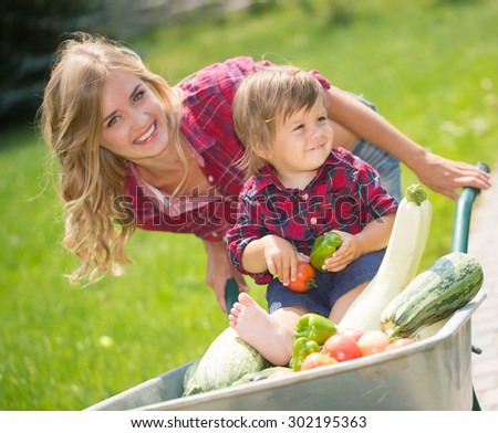 mom and son with vegetables harvest in garden. little boy sitting in the wheelbarrow
