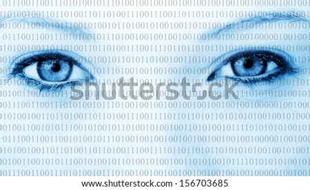 Blue eyes with binary background - data protection
