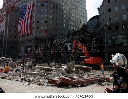 Wide shot of World Financial Center to include fallen glass domed atrium on 9-18-2001