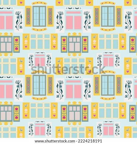 Shuttered windows seamless pattern in pastel colours. Vector illustration.