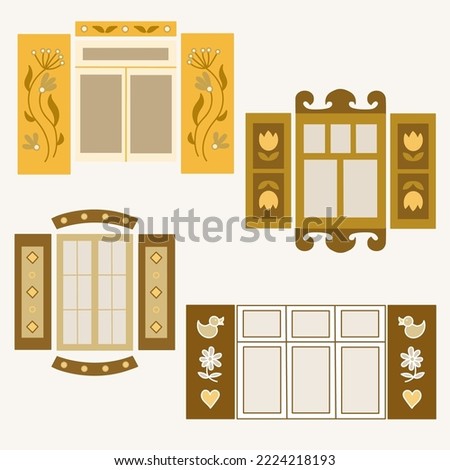Set of shuttered windows in yellow and brown colours. Vector illustration.