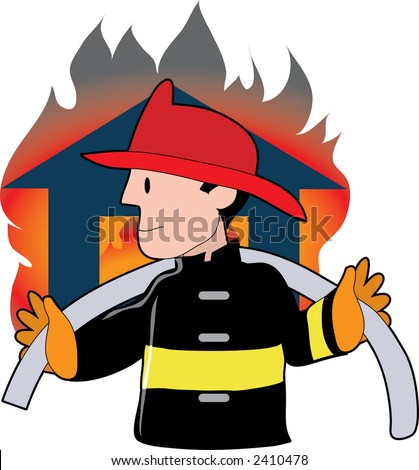 Firefighter Carrying A Fire Hose Infront Of A Blazing House Stock ...