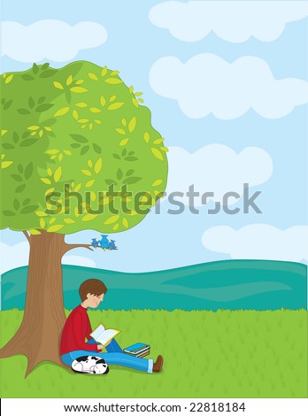 A Young Boy Is Reading A Book Under A Tree. His Dog Is Sleeping Beside ...