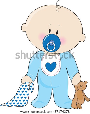 A Baby Boy With A Soother,Blanket And Teddy Bear Stock Vector ...