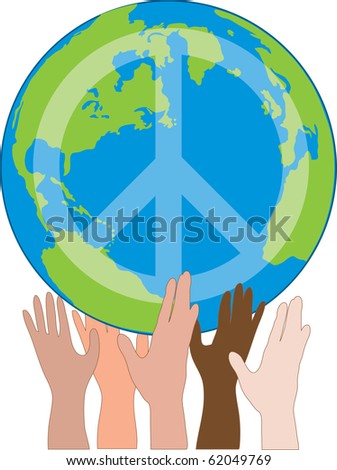 A Globe With A Peace Sign On It Being Held By Many Hands Stock Vector ...