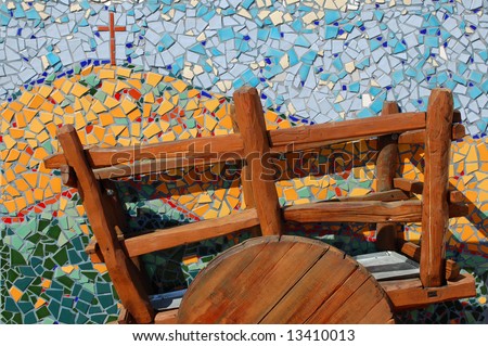 Wooden cart and mural; Old Town; San Diego, California