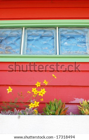 Colorful window and planter; Morro Bay, California