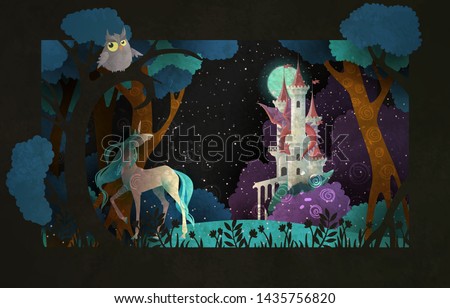 Book cover fairy tale illustration unicorn in front of castle, dragon, night sky and moon