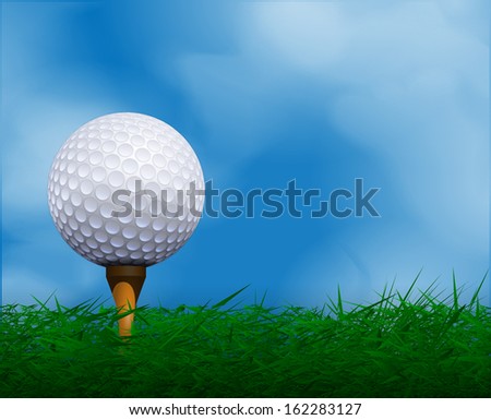 Golf ball in front of sky. Golf background.