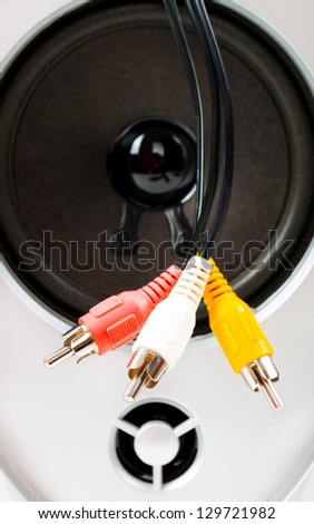 Video and audio jack cable on a speaker background