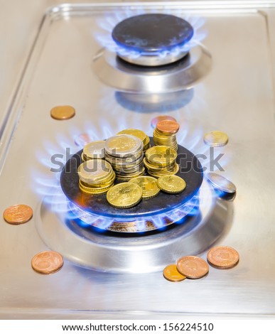 Blue flames of natural gas burning from a gas stove with euro coins