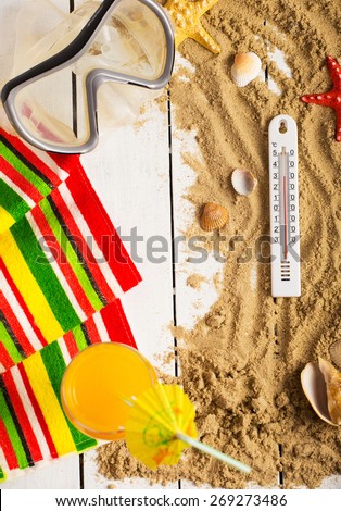 Summer concept of high temperature, flip flop shoes, sunglasses on sandy beach near hotel