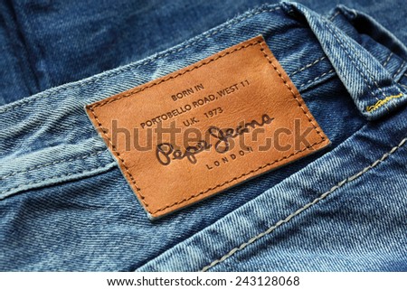 LOS ANGELES, CA, USA - JANUARY 10, 2015. Part of Jeans by Pepe Jeans London, back patch close-up