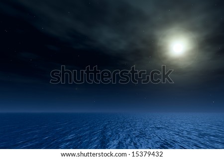 3D night seascape. Moon in ocean. Lens flare on a picture.