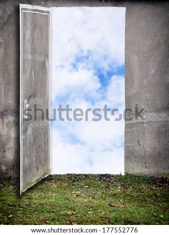 Door painted on the wall on green grass. Conceptual new way, entrance to new world, heaven, new job, new opporturnity