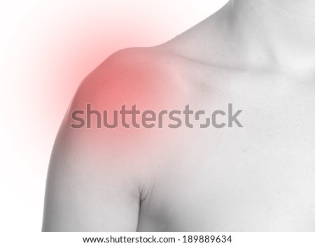 Acute pain in a woman shoulder. Isolation on a white background.