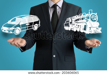 man presents with their hands for a decision problem between car and train. Travel concept