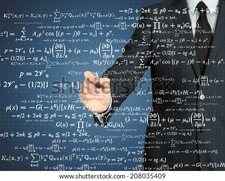 businessman handwriting mathematical operation on a transparent board