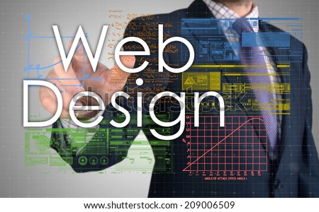 businessman presenting Web Design text on business background
