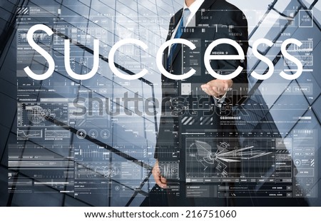 businessman presenting Success text, graphs and diagrams with skyscraper in background, business concept