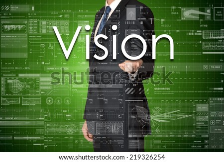 the businessman is presenting the business text with the hand: Vision