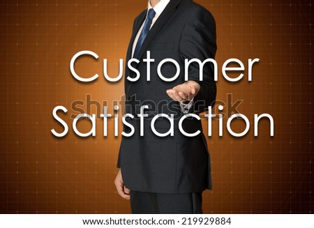 the businessman is presenting the business text with the hand: Customer Service