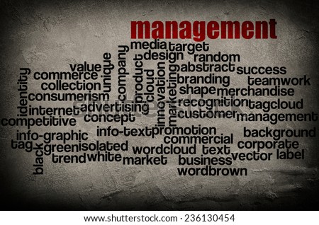 word cloud containing words related to management on grunge wall background