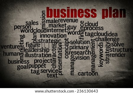 word cloud containing words related to Business plan on grunge wall background