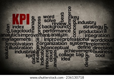 word cloud containing words related to KPI on grunge wall background