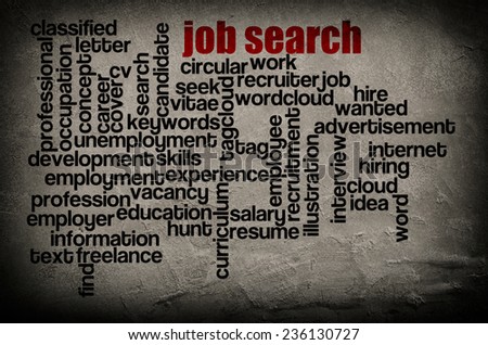 word cloud containing words related to job search on grunge wall background